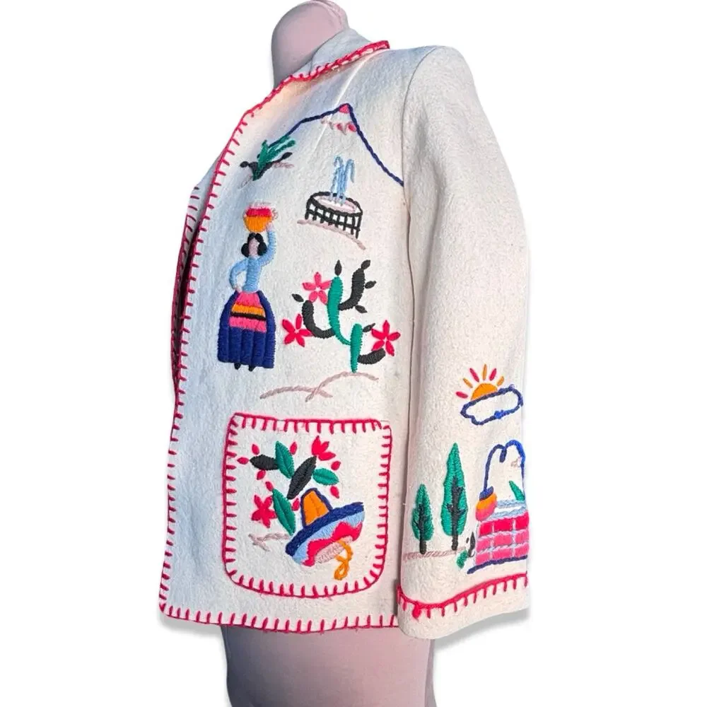 Vintage Hand Embroidered Folk Art Jacket Mexican Southwestern Wool Coat Medium - Picture 9 of 16